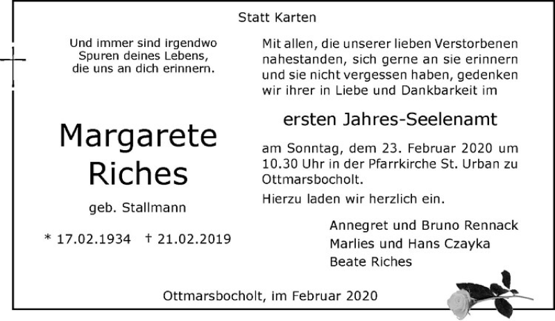  Traueranzeige für Margarete Riches vom 15.02.2020 aus Westfälische Nachrichten