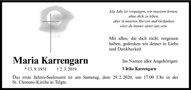  Traueranzeige für Maria Karrengarn vom 22.02.2020 aus Westfälische Nachrichten