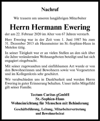 Anzeige von Hermann Ewering von Westfälische Nachrichten