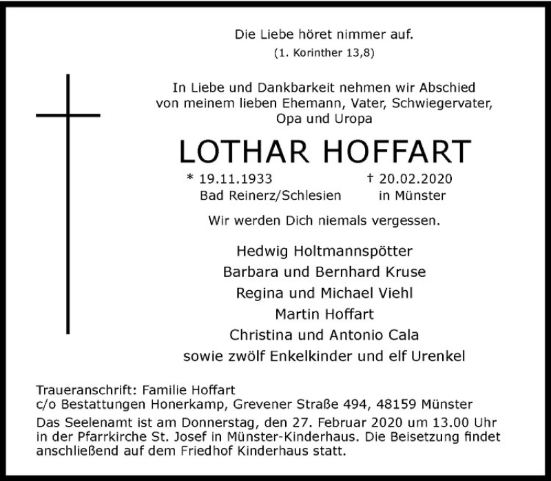  Traueranzeige für Lothar Hoffart vom 22.02.2020 aus Westfälische Nachrichten