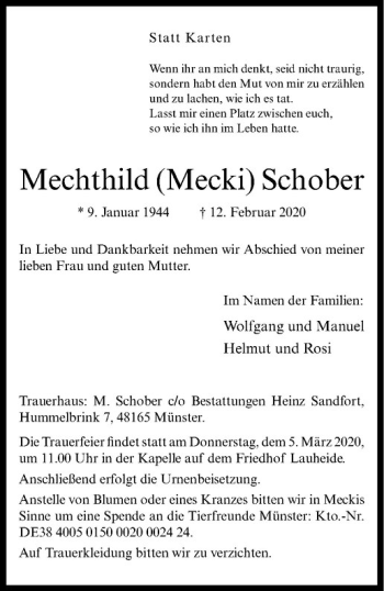 Anzeige von Mechthild Mecki Schober von Westfälische Nachrichten