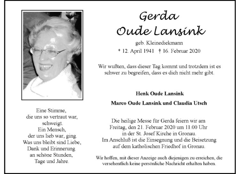  Traueranzeige für Gerda Oude Lansink vom 19.02.2020 aus Westfälische Nachrichten