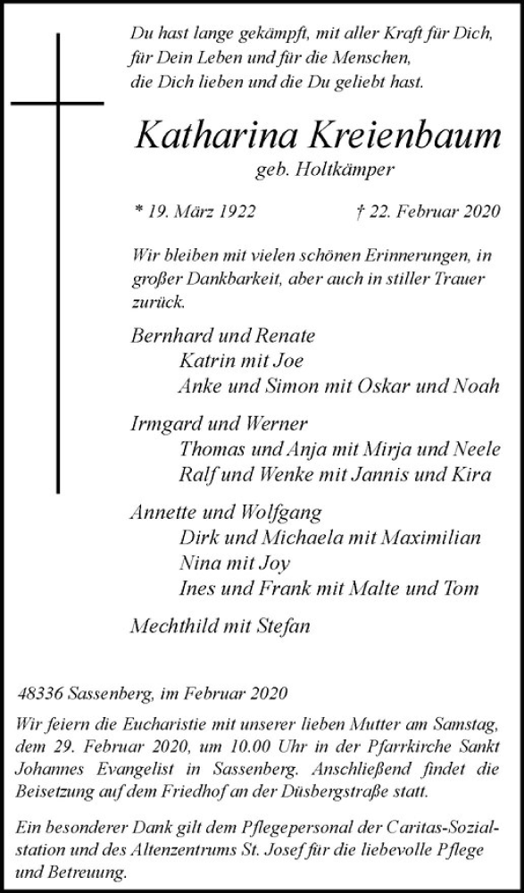  Traueranzeige für Katharina Kreienbaum vom 26.02.2020 aus Westfälische Nachrichten