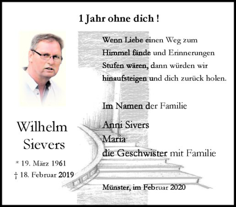  Traueranzeige für Wilhelm Sievers vom 19.02.2020 aus Westfälische Nachrichten
