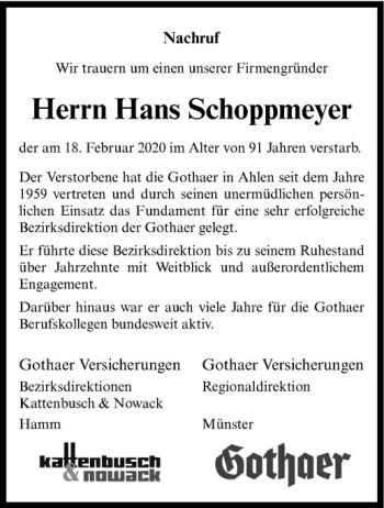 Anzeige von Hans Schoppmeyer von Westfälische Nachrichten