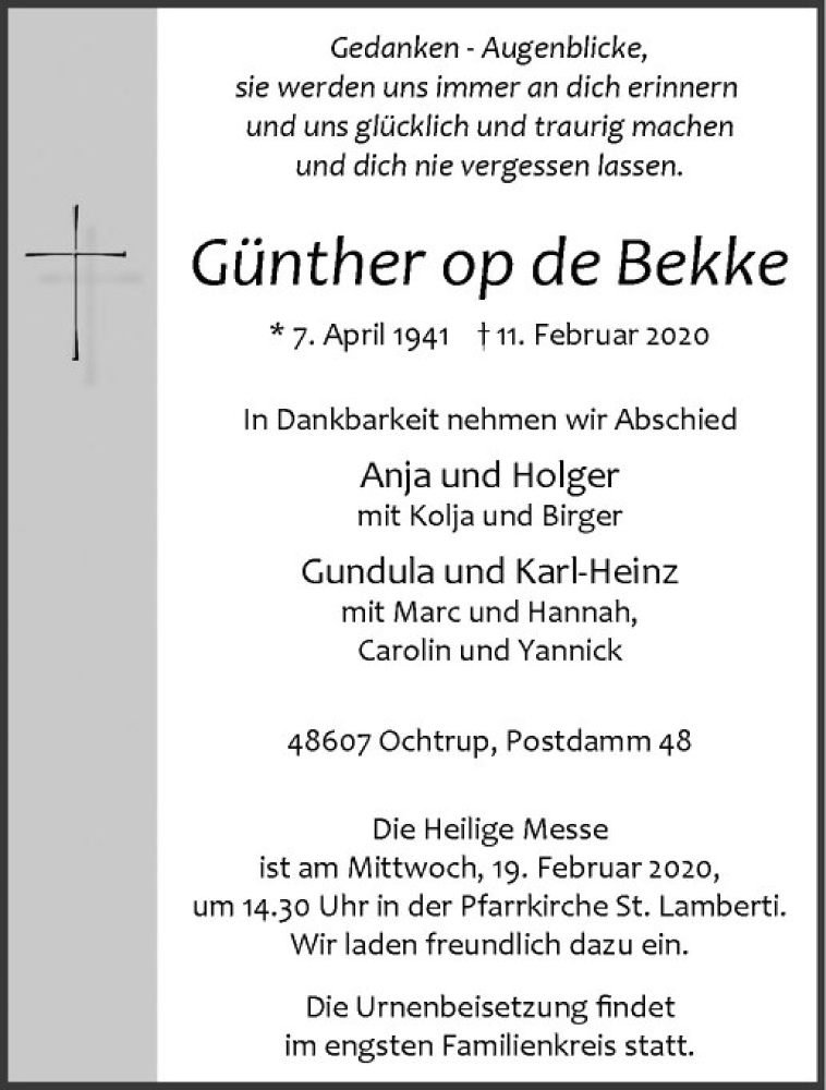  Traueranzeige für Günther op de Bekke vom 13.02.2020 aus Westfälische Nachrichten
