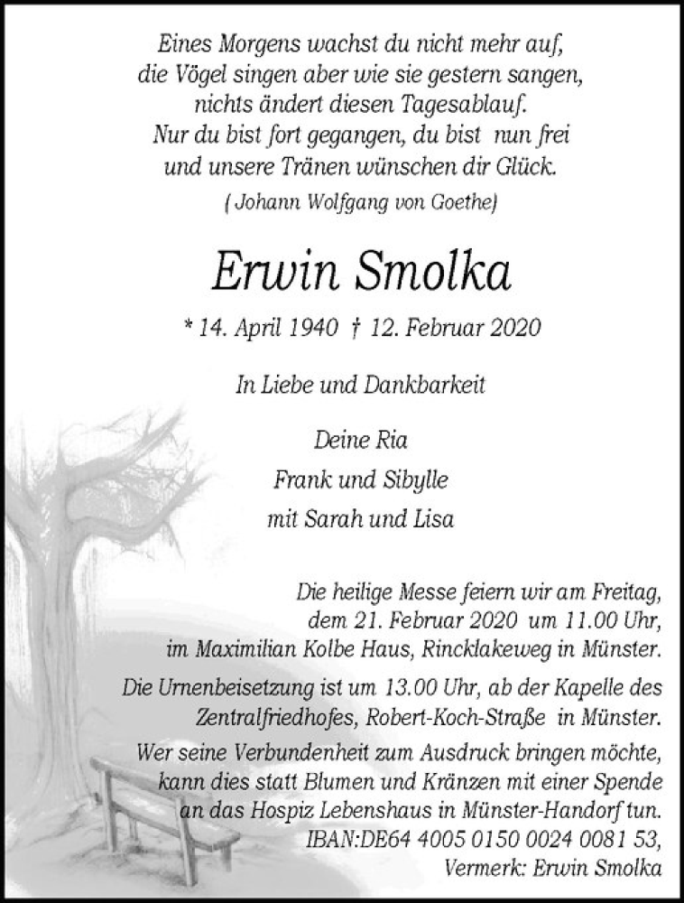  Traueranzeige für Erwin Smolka vom 15.02.2020 aus Westfälische Nachrichten