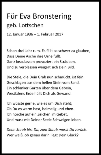 Anzeige von Eva Bronstering von Westfälische Nachrichten
