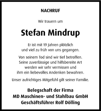 Anzeige von Stefan Mindrup von Westfälische Nachrichten
