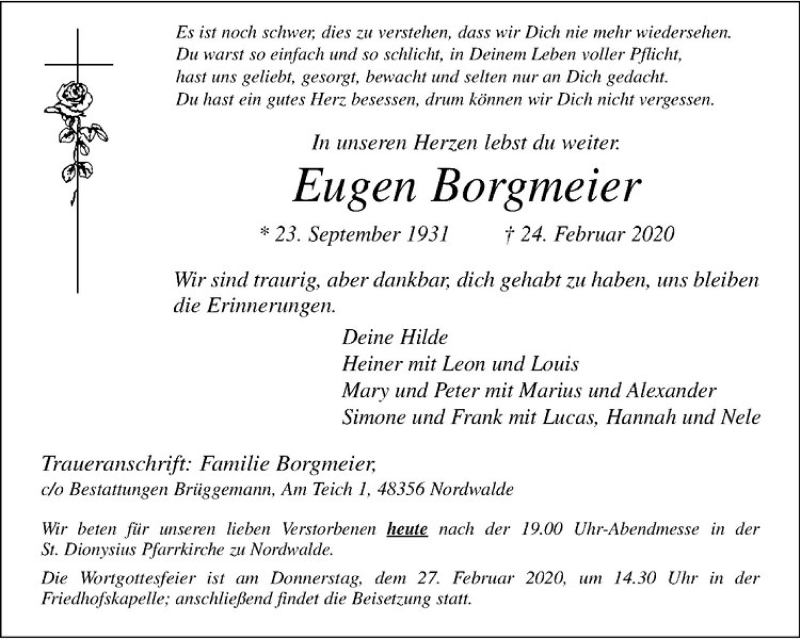  Traueranzeige für Eugen Borgmeier vom 26.02.2020 aus Westfälische Nachrichten