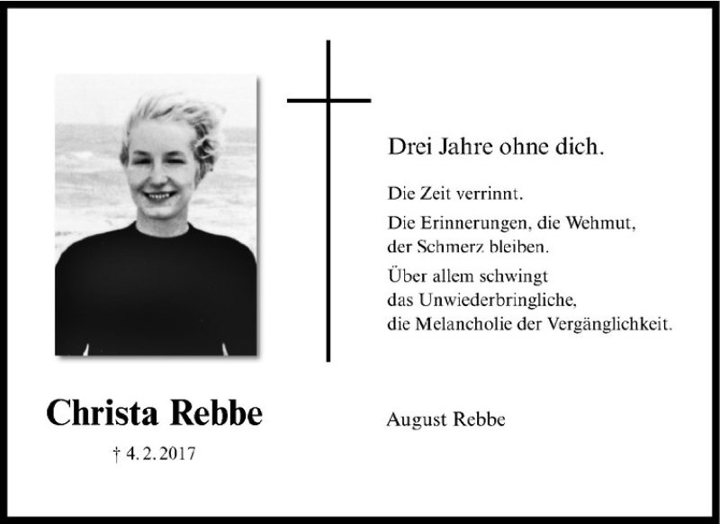  Traueranzeige für Christa Rebbe vom 08.02.2020 aus Westfälische Nachrichten