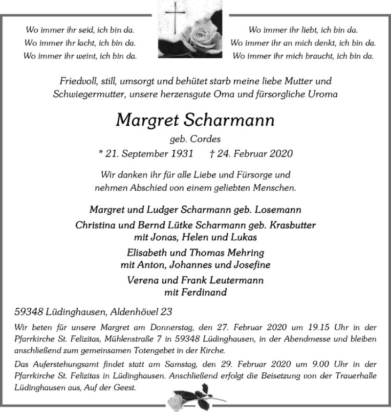  Traueranzeige für Magret Scharmann vom 26.02.2020 aus Westfälische Nachrichten