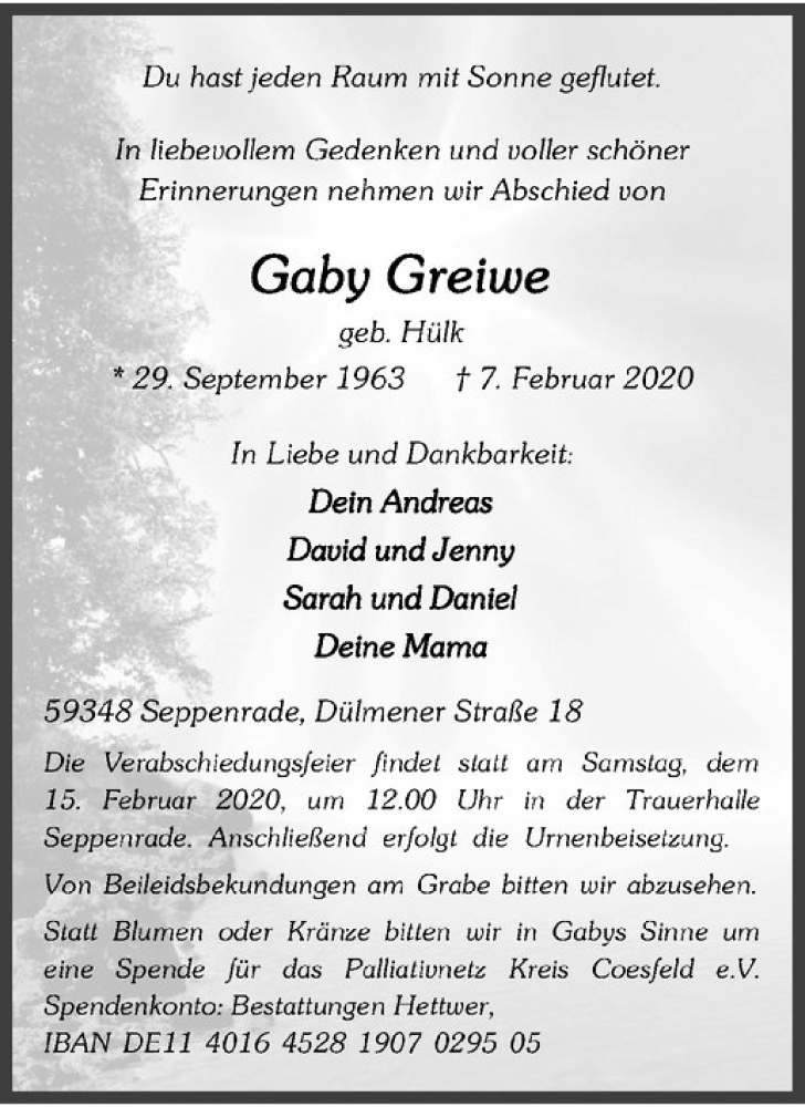  Traueranzeige für Gaby Greiwe vom 12.02.2020 aus Westfälische Nachrichten