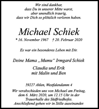 Anzeige von Michael Schiek von Westfälische Nachrichten