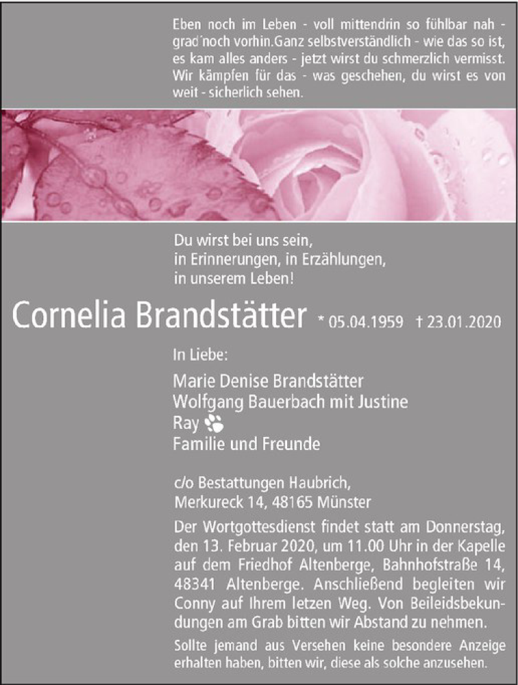  Traueranzeige für Cornelia Brandstätter vom 08.02.2020 aus Westfälische Nachrichten