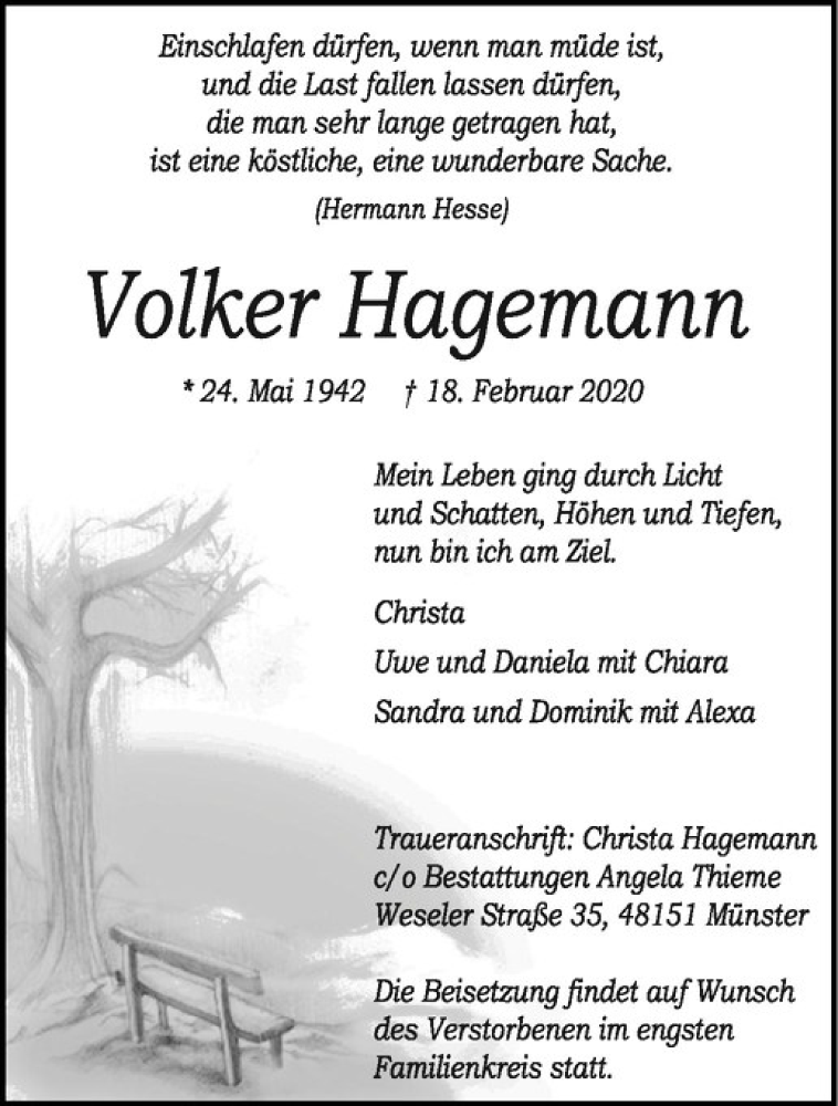  Traueranzeige für Volker Hagemann vom 26.02.2020 aus Westfälische Nachrichten