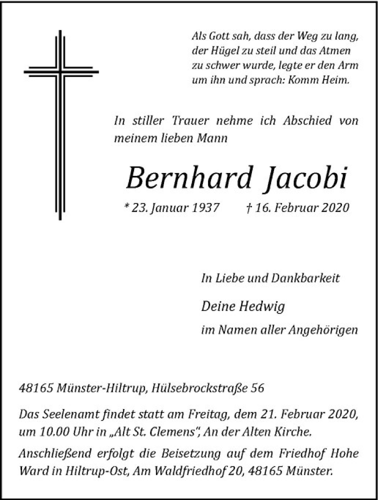  Traueranzeige für Bernhard Jacobi vom 19.02.2020 aus Westfälische Nachrichten