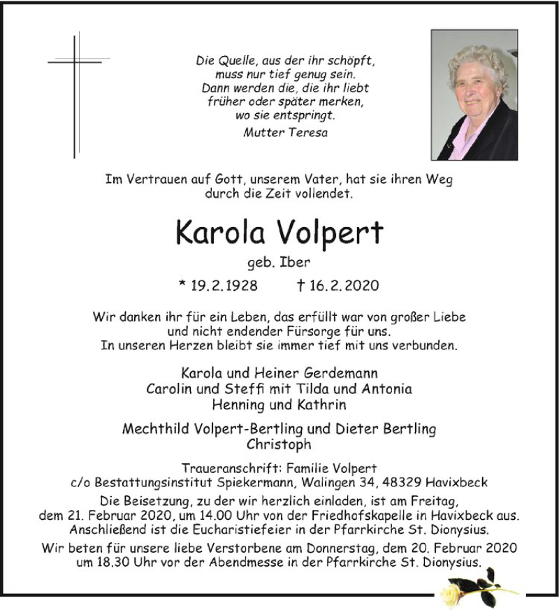  Traueranzeige für Karola Volpert vom 19.02.2020 aus Westfälische Nachrichten