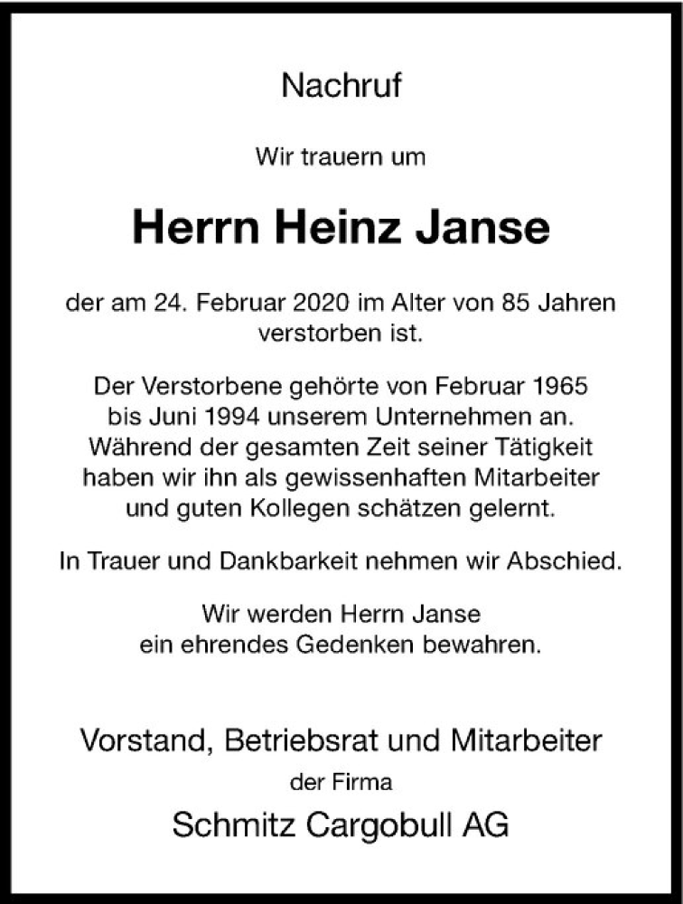  Traueranzeige für Heinz Janse vom 29.02.2020 aus Westfälische Nachrichten