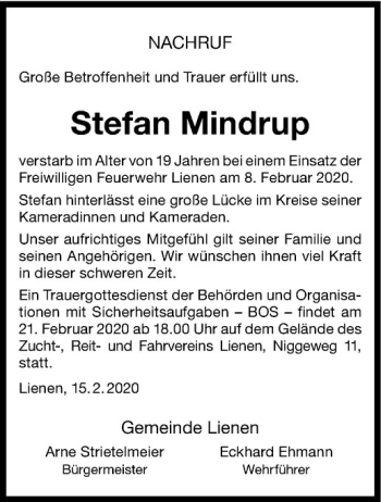 Anzeige von Stefan Mindrup von Westfälische Nachrichten