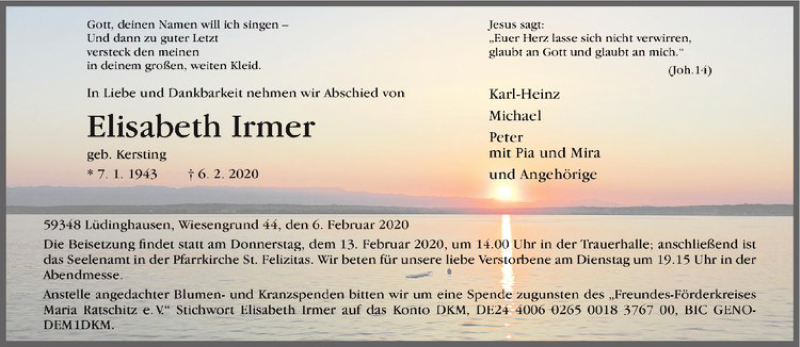  Traueranzeige für Elisabeth Irmer vom 08.02.2020 aus Westfälische Nachrichten