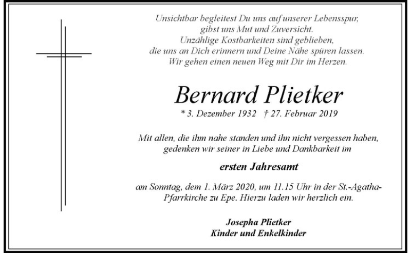  Traueranzeige für Bernard Plietker vom 26.02.2020 aus Westfälische Nachrichten