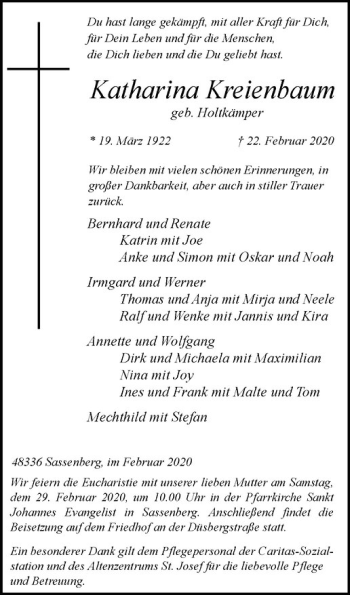 Anzeige von Katharina Kreienbaum von Westfälische Nachrichten