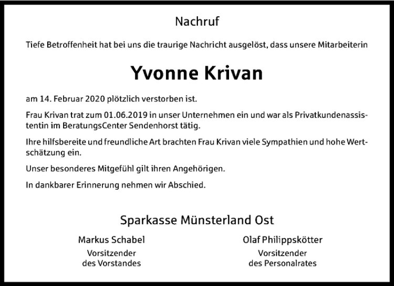  Traueranzeige für Yvonne Krivan vom 22.02.2020 aus Westfälische Nachrichten