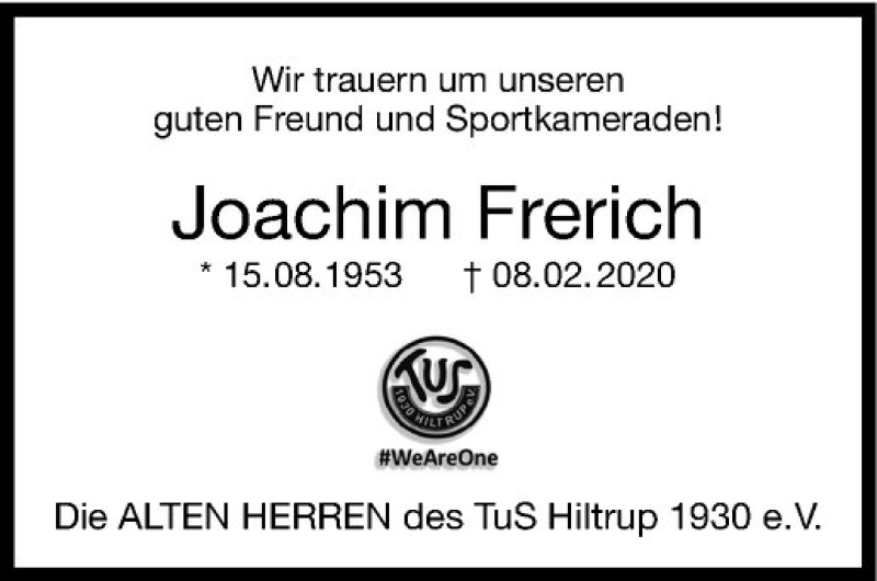  Traueranzeige für Joachim Frerich vom 22.02.2020 aus Westfälische Nachrichten