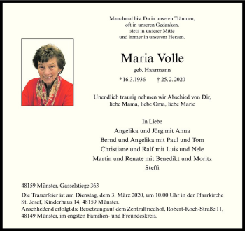 Anzeige von Maria Volle von Westfälische Nachrichten