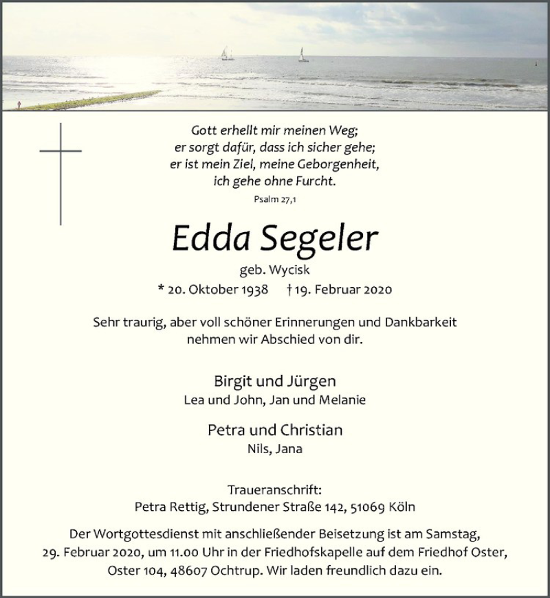  Traueranzeige für Edda Segeler vom 26.02.2020 aus Westfälische Nachrichten
