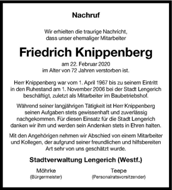Anzeige von Friedrich Knippenberg von Westfälische Nachrichten