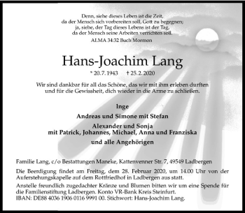 Anzeige von Hans-Joachim Lang von Westfälische Nachrichten