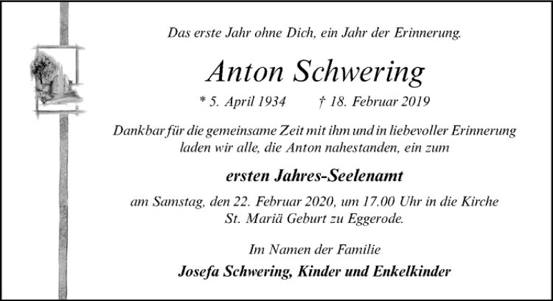  Traueranzeige für Anton Schwering vom 19.02.2020 aus Westfälische Nachrichten