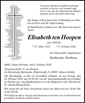 Anzeige von Elisabeth ten Hoopen von Westfälische Nachrichten