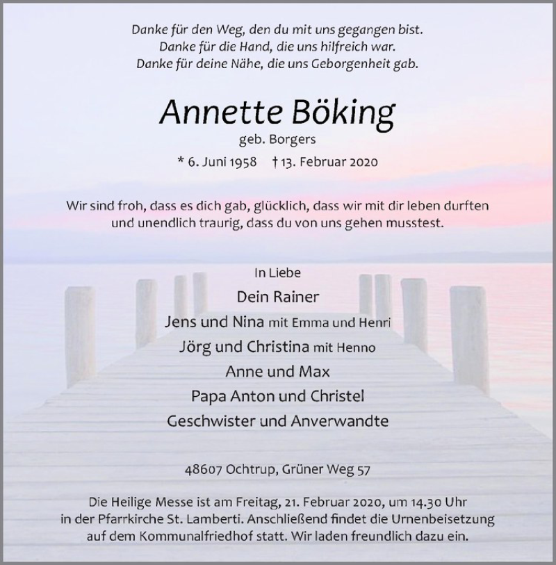  Traueranzeige für Annette Böking vom 15.02.2020 aus Westfälische Nachrichten