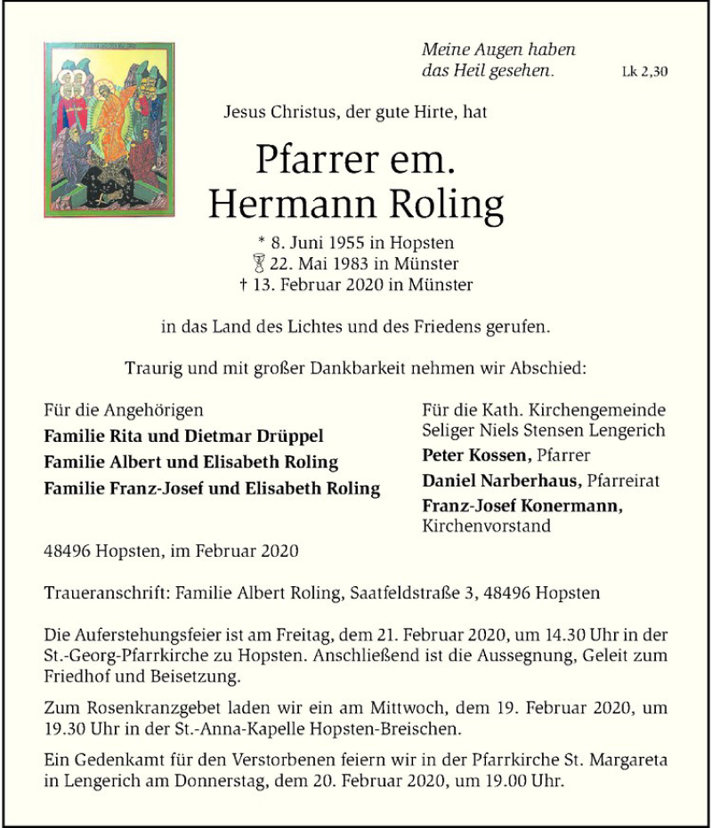  Traueranzeige für Hermann Roling vom 18.02.2020 aus Westfälische Nachrichten