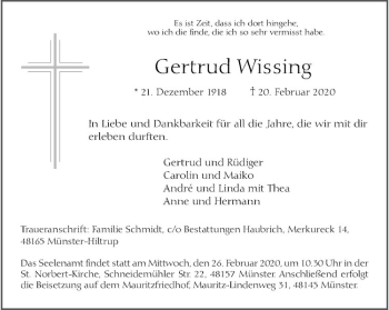 Anzeige von Bernhard Wissing von Westfälische Nachrichten