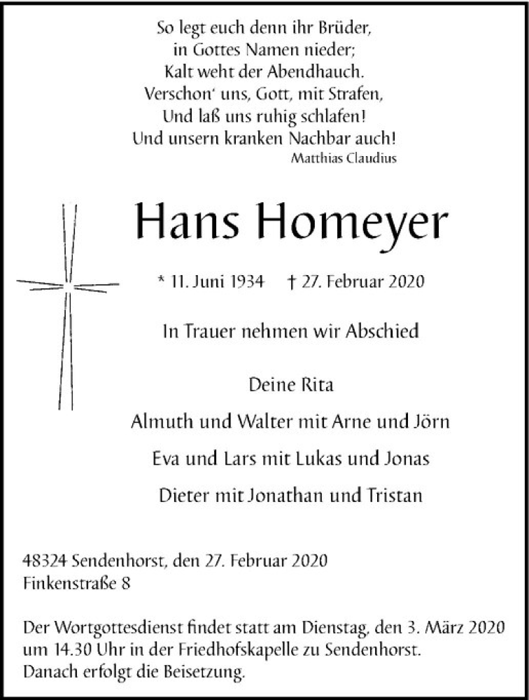  Traueranzeige für Hans Homeyer vom 29.02.2020 aus Westfälische Nachrichten