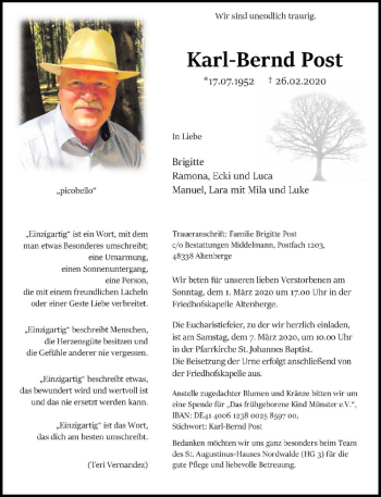 Anzeige von Karl-Bernd Post von Westfälische Nachrichten