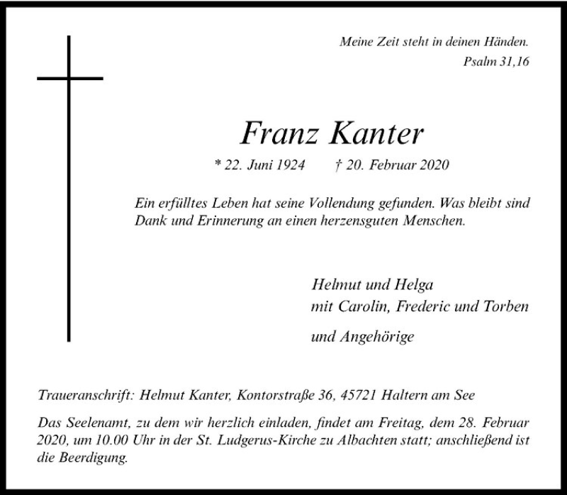  Traueranzeige für Franz Kanter vom 22.02.2020 aus Westfälische Nachrichten
