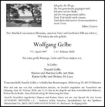 Anzeige von Wolfgang Gelbe von Westfälische Nachrichten