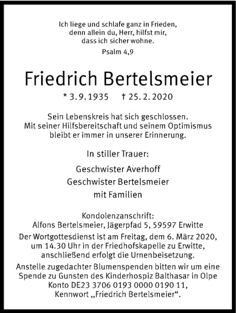  Traueranzeige für Friedrich Bertelsmeier vom 29.02.2020 aus Westfälische Nachrichten