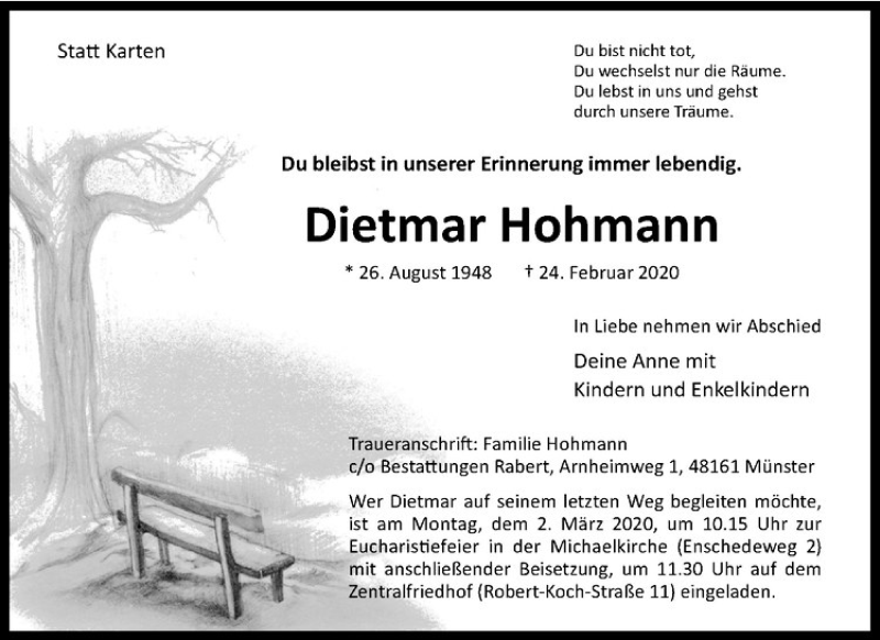  Traueranzeige für Dietmar Hohmann vom 27.02.2020 aus Westfälische Nachrichten