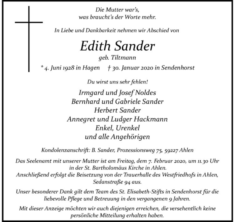  Traueranzeige für Edith Sander vom 04.02.2020 aus Westfälische Nachrichten