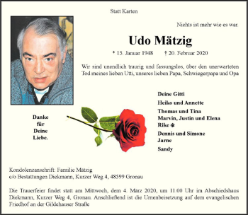 Anzeige von Udo Mätzig von Westfälische Nachrichten