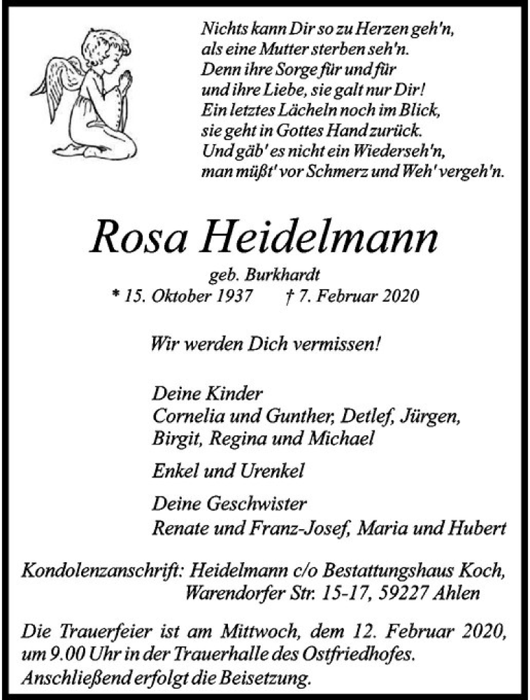 Traueranzeige für Rosa Heidelmann vom 08.02.2020 aus Westfälische Nachrichten