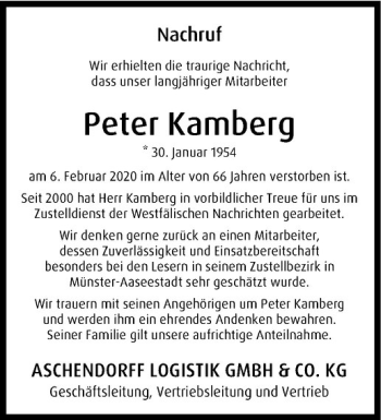Anzeige von Peter Kamberg von Westfälische Nachrichten