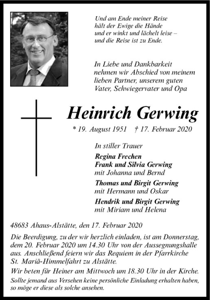  Traueranzeige für Heinrich Gerwing vom 18.02.2020 aus Westfälische Nachrichten