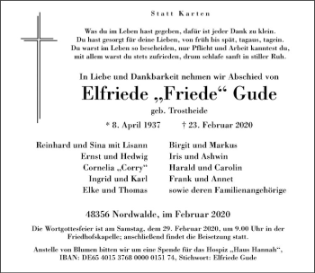 Anzeige von Elfriede Gude von Westfälische Nachrichten